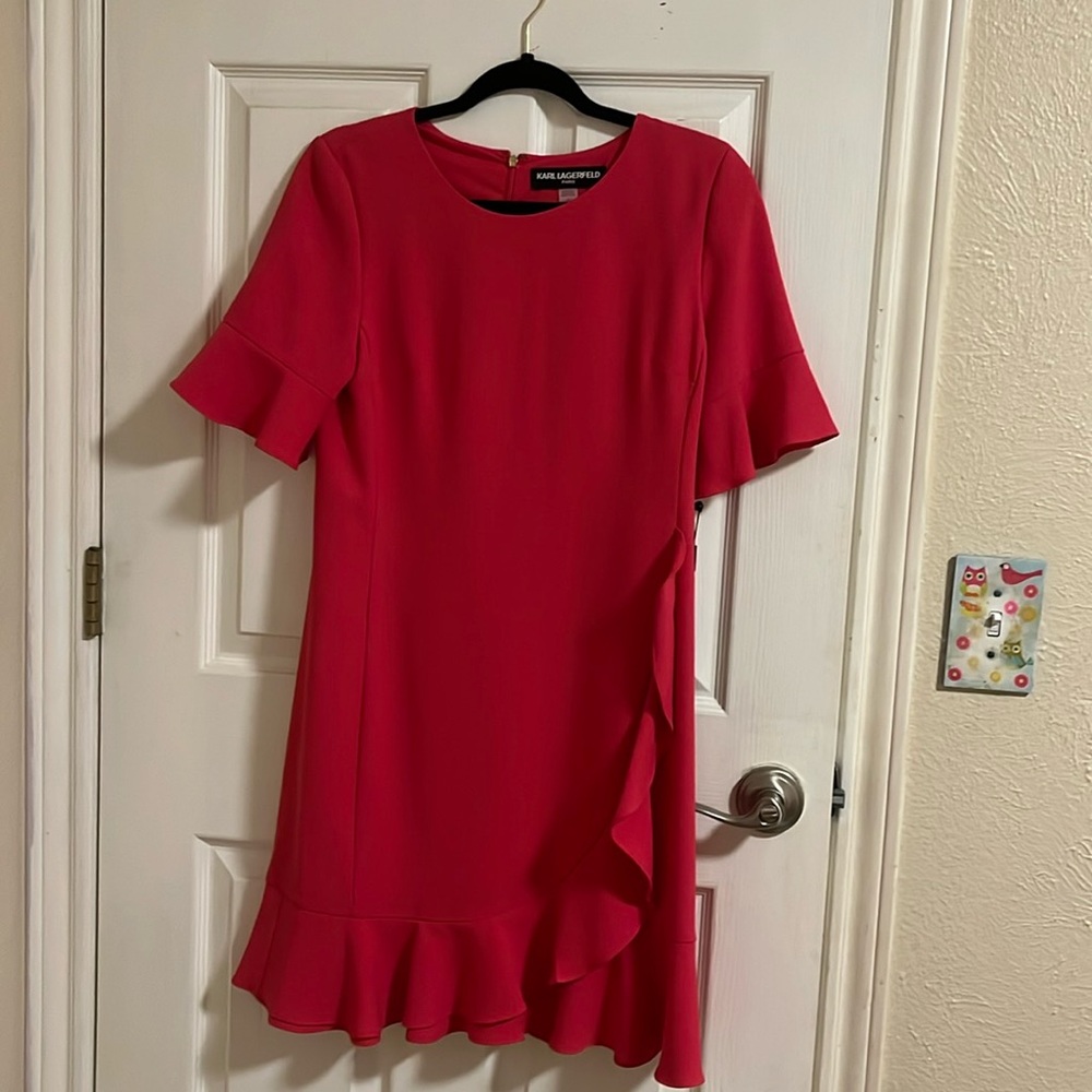 Hot Pink/Bright Coral, scalloped Karl Lagerfeld dress.